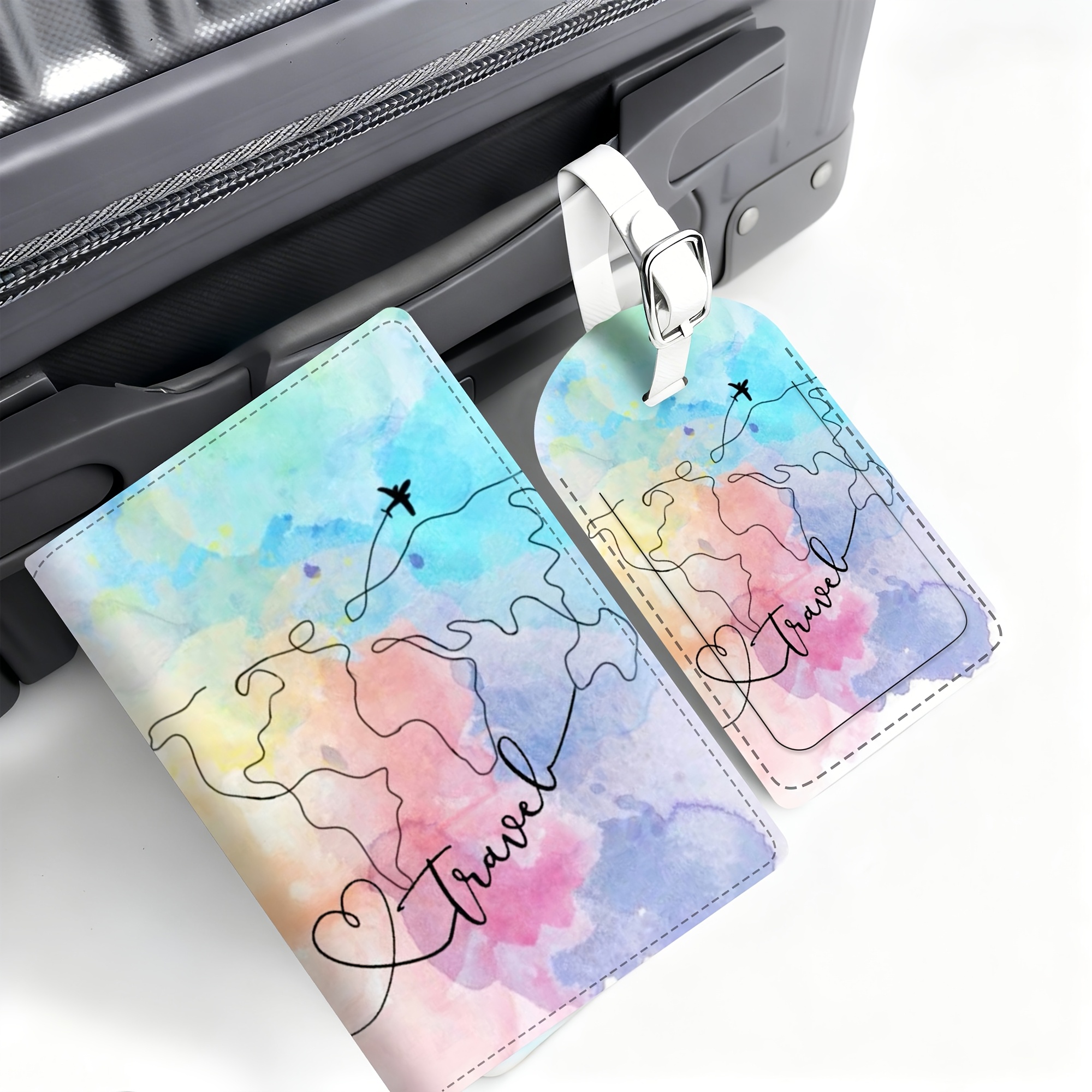 TEMU Juego de 2 etiquetas de maleta de viaje para acuarela, porta pasaporte, material de PU , adecuado para bolsas de viaje, mochilas, bolsas de