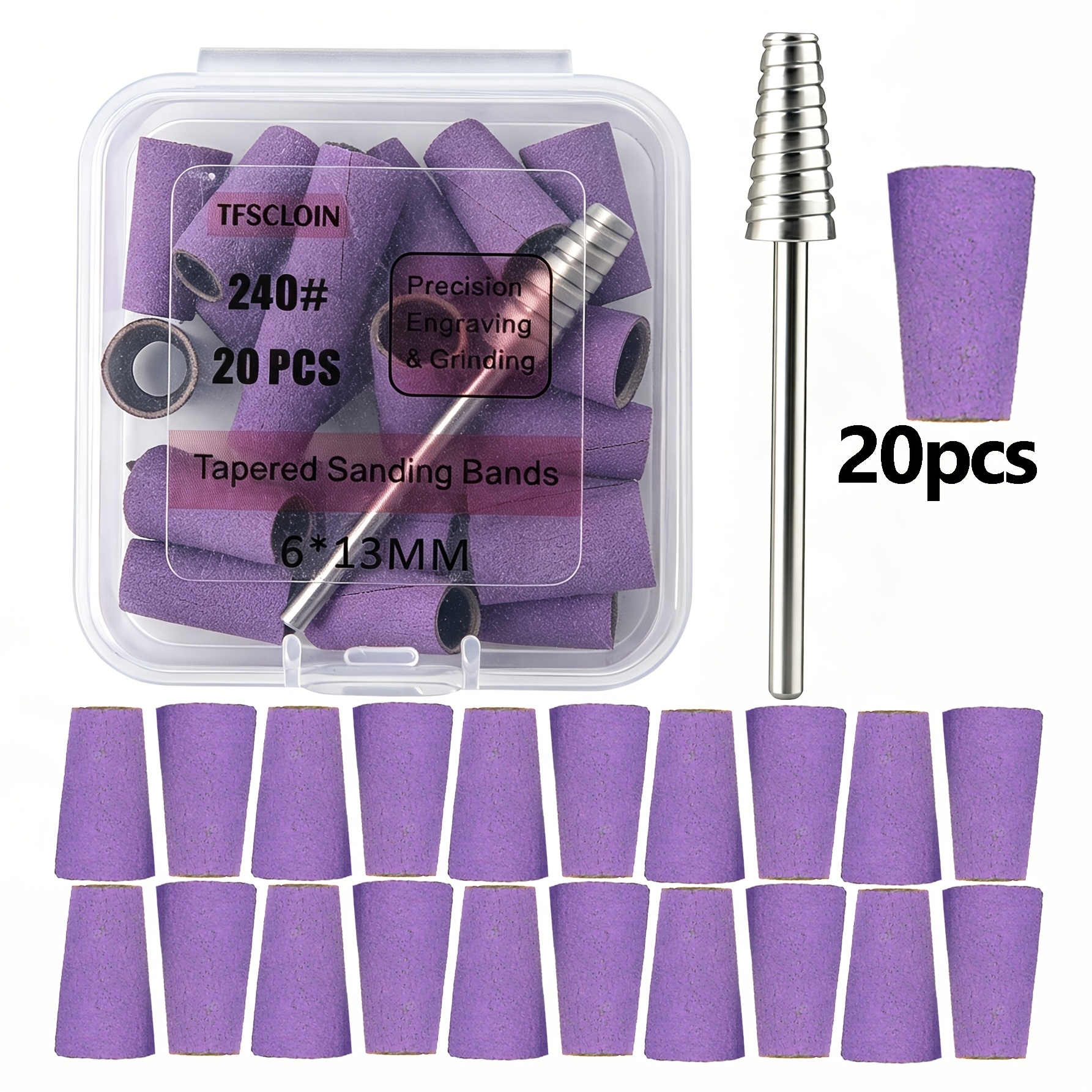 TEMU Tfscloin 20pcs Tapered Head Carbide Sanding Bands, 150/240 Grit, Multi-use Nail Polish Remover And Sanding Manicure Bits, Nail Polishing Machine