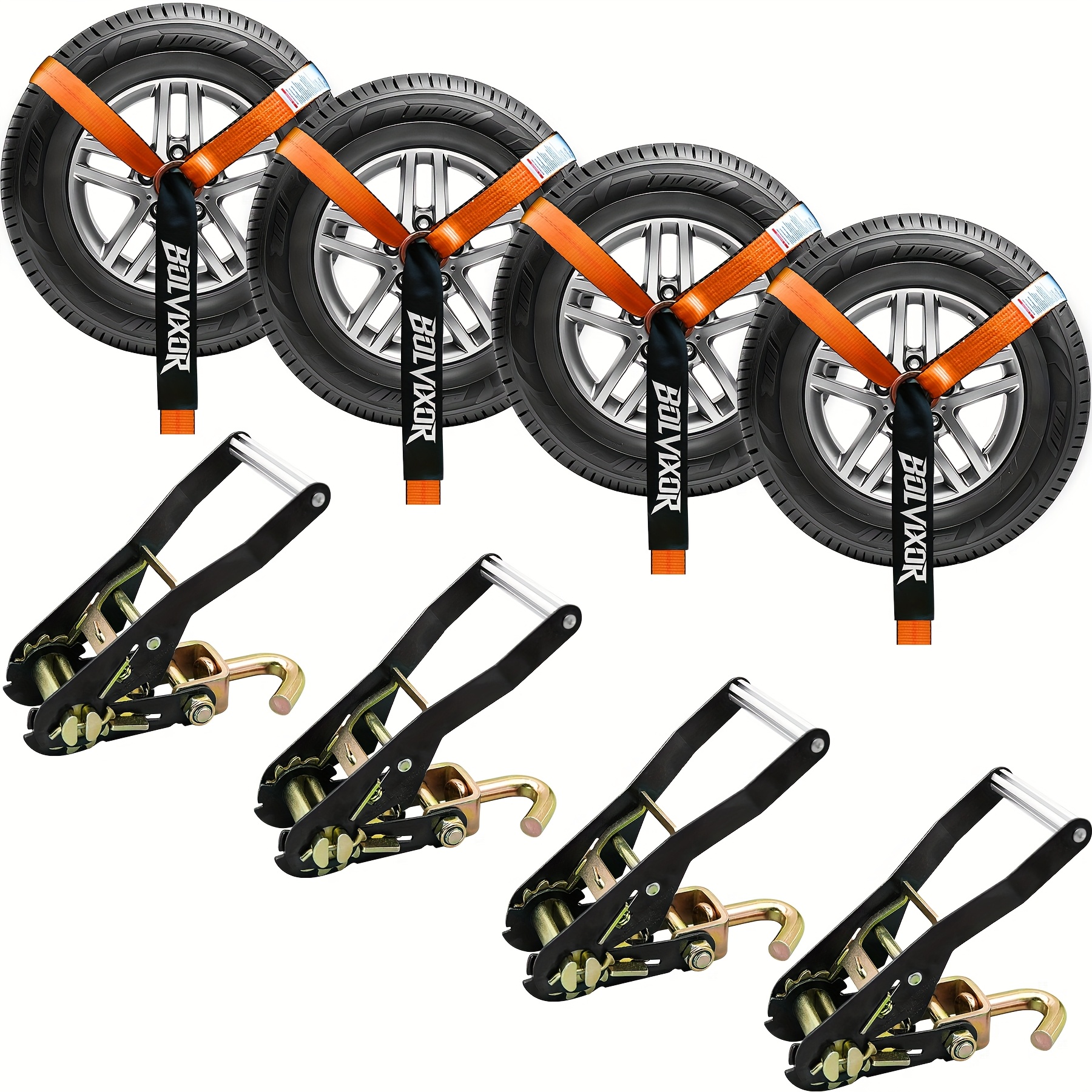 TEMU 4 Pack Car Tie Down Straps For Trailers - 2" X 96" - 9900lbs Break Strength - Tire Ratchet Straps With J For Hauling Utv, Suv, Truck, Any Cars