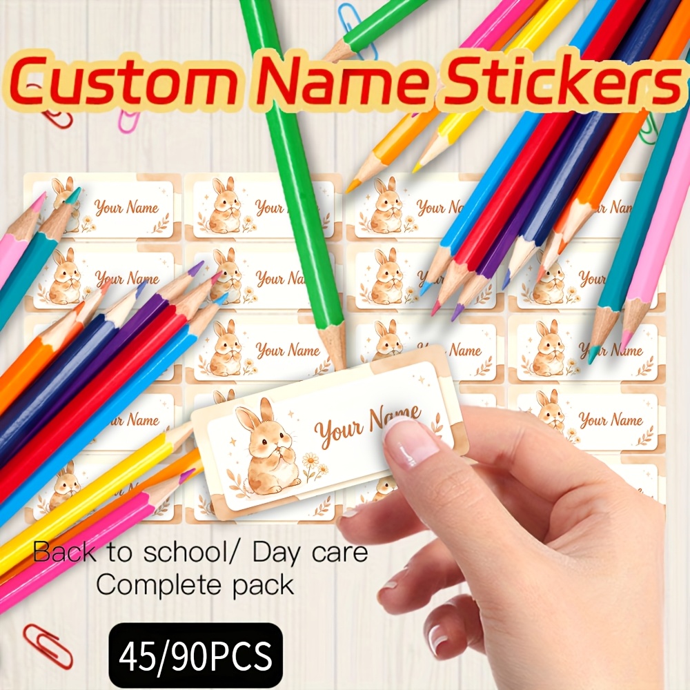 45/90pcs Watercolor Rabbit Custom Name Stickers for Back-to-School