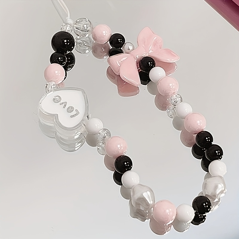 E-shop Schicker Rosa und Glasbogen mit Herzförmiger Perlen-Handy-Anhänger - Acryl Schlüsselanhänger, Mehrfarbiges Perlen-Design mit Kristallakzenten