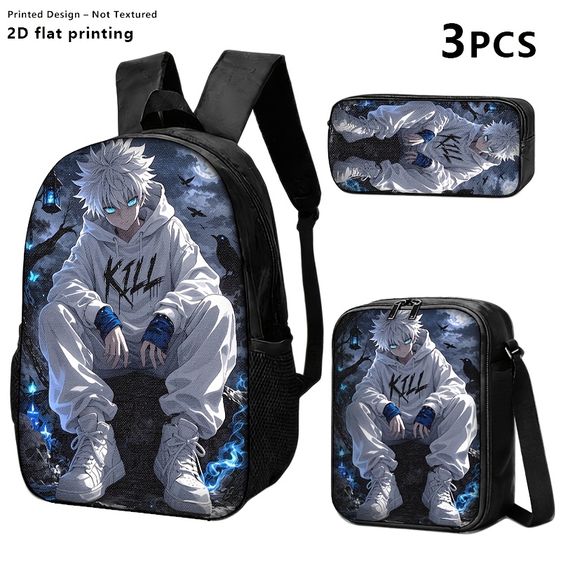 TEMU 1pc/2pcs/3pcs Backpack Storage Bag Shoulder Bag, Dark, Electric Anime Motif On Backpack, Crossbody And Pouch; White Tones With Blue Lightning.