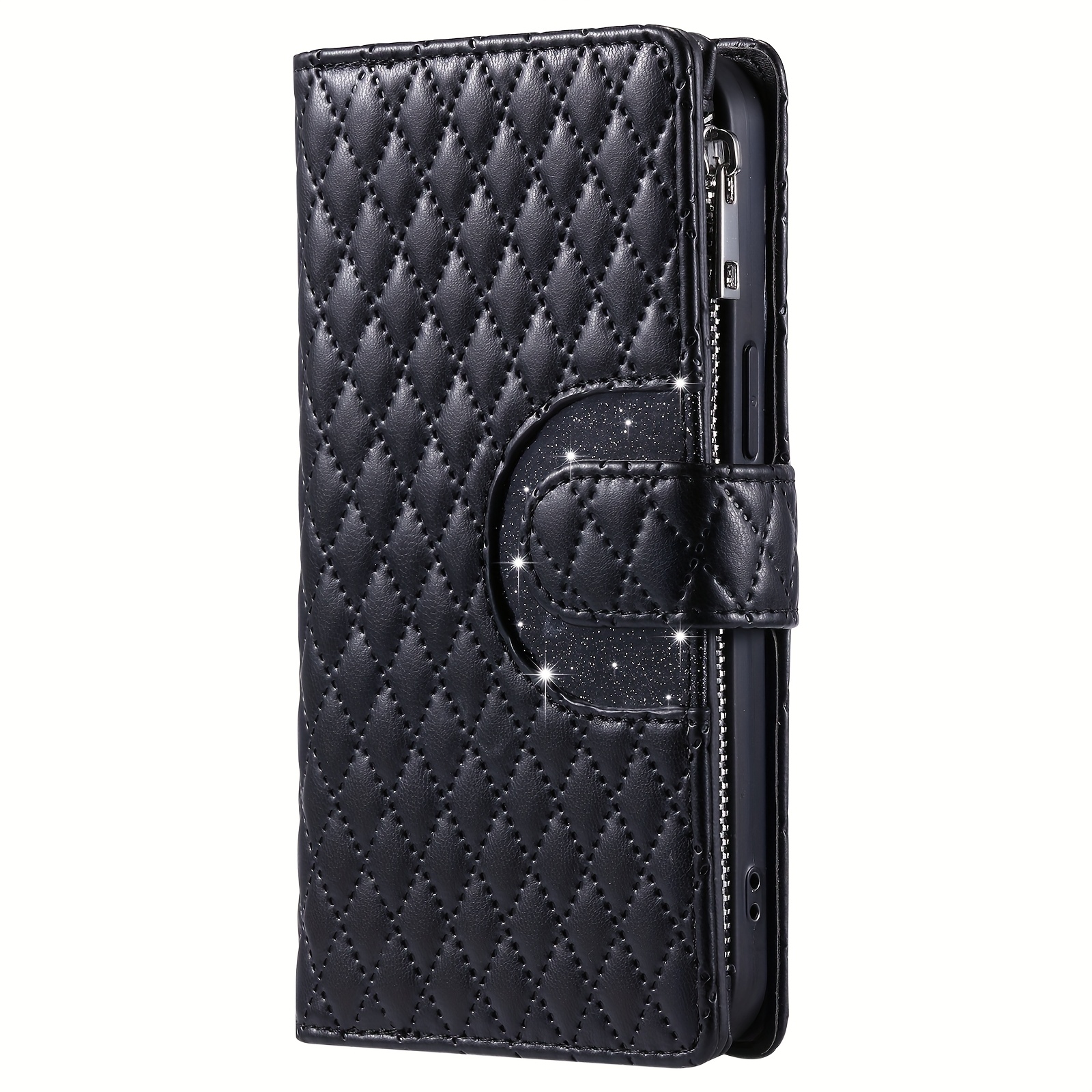TEMU A Black Glitter Checkered Zippered Pouch That Serves As A Card Holder And Phone Case, Featuring A Vintage High-quality Protective Cover. This