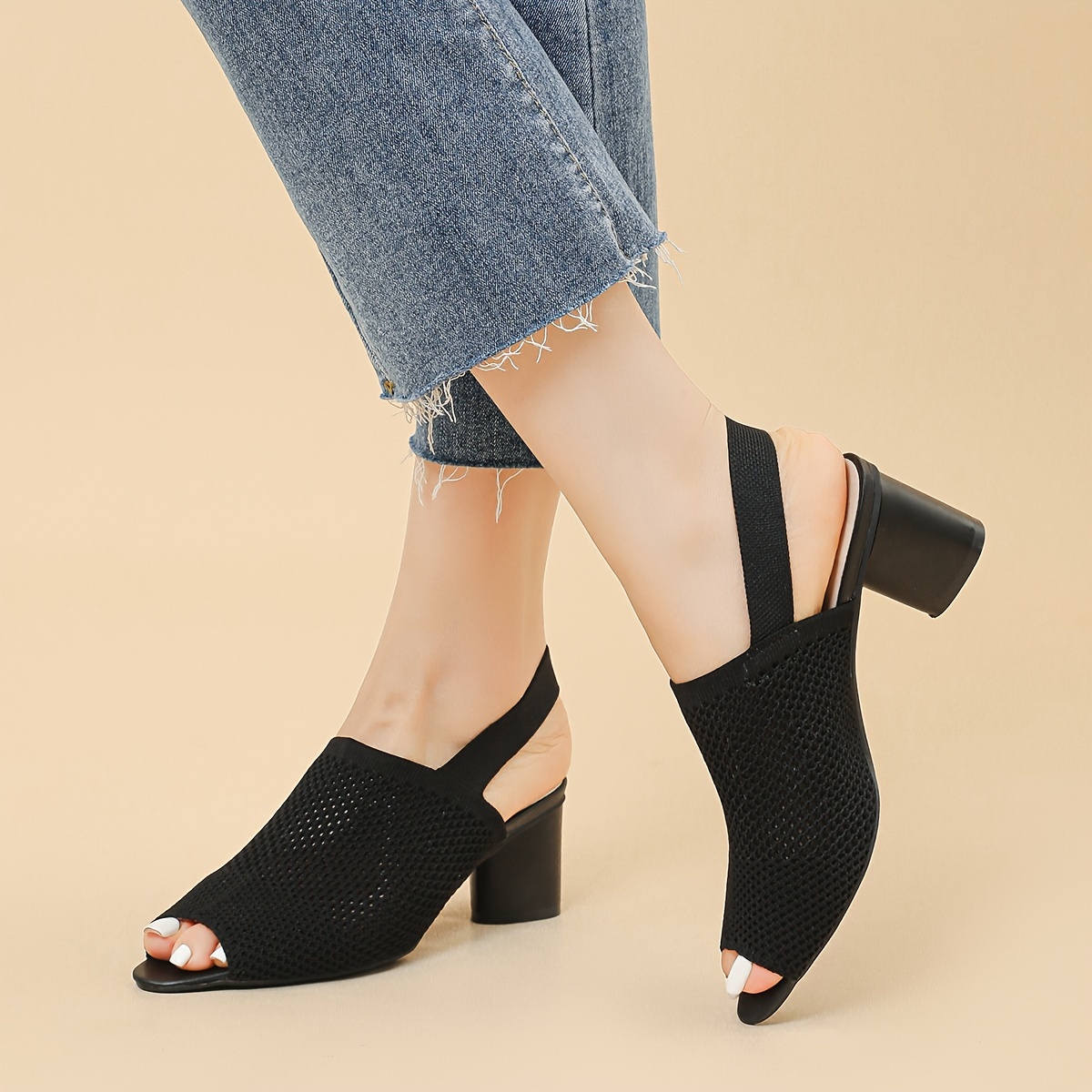 Women's Open-Toe Fish Mouth Cut-Out Breathable Fabric High Heel Chunky Heel Sandals with Open Back and Single Strap, Casual Plus Size Sandals, Women Shoes