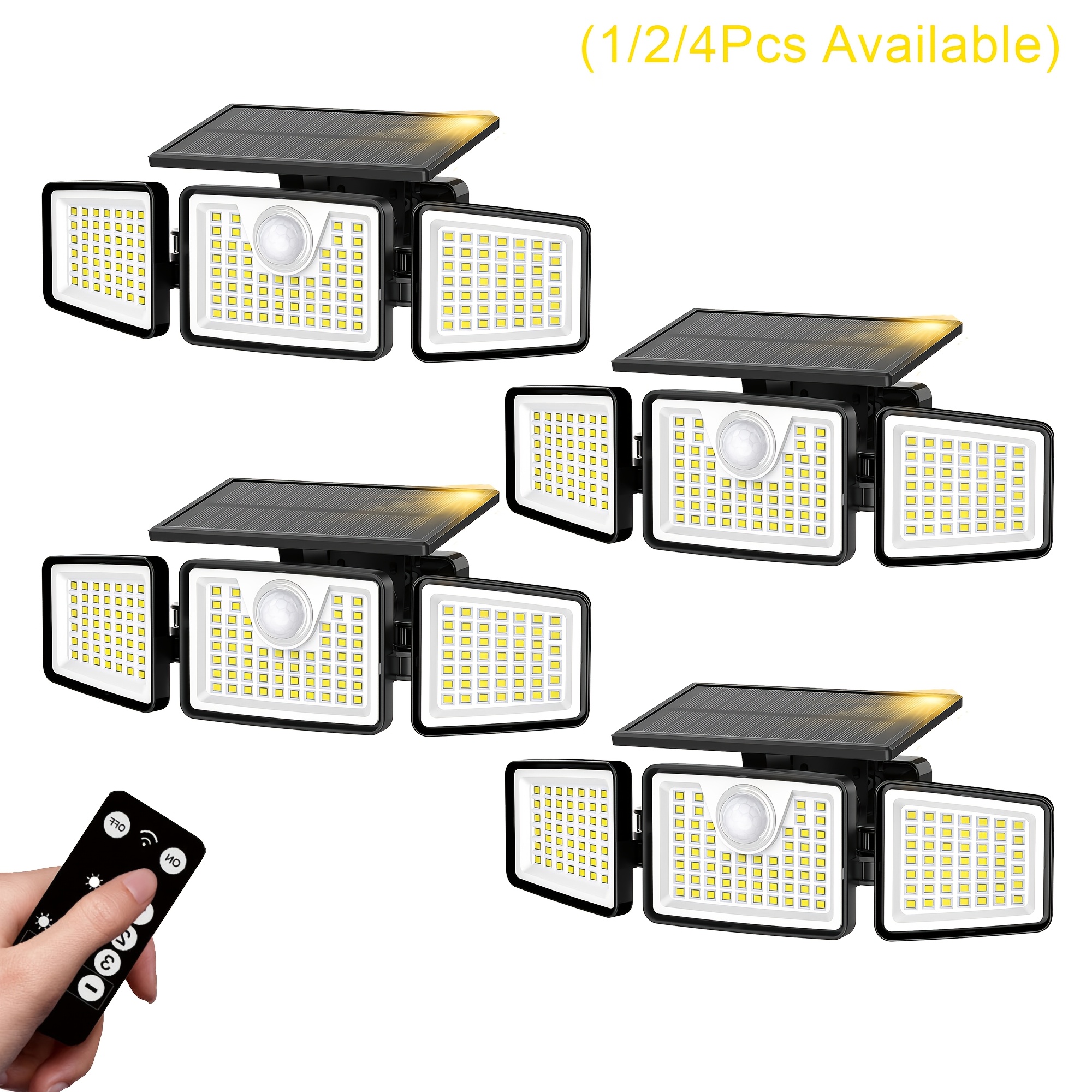4/2/1pc Solar Outdoor Lights 3000LM, Motion Sensor 3-Head 270° Wide-Angle Solar Street Lights With 3 Modes & Remote Control, Ideal For Yard, Patio, Garage, Street And More, IP65 Waterproof