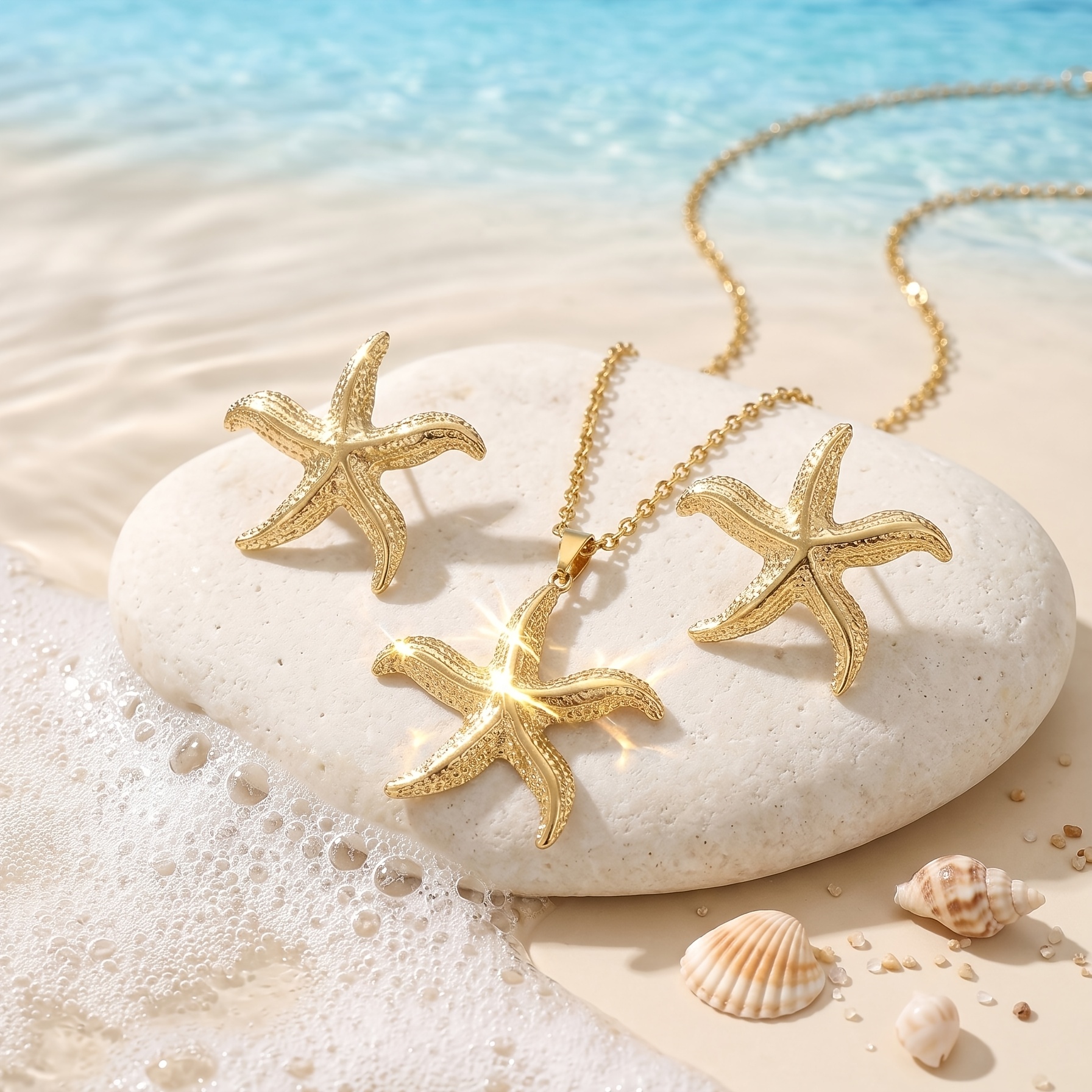TEMU 1 Set de Collar y Aretes de Acero Inoxidable Dorado de Mar de , Adecuado para que los en Vacaciones en