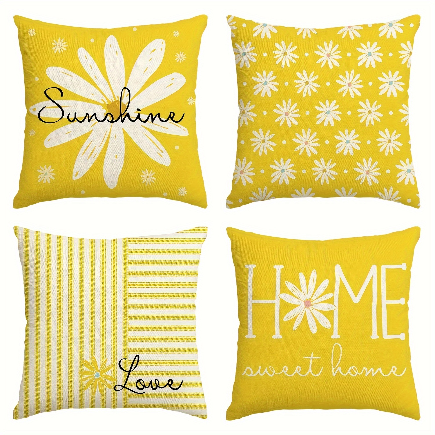 

Sm:)e Hello Sunshine Yellow Throw Pillow Covers, 18 X 18 Inch Home Sweet Home Daisy Stripes Cushion Case For Sofa Couch Set Of 4