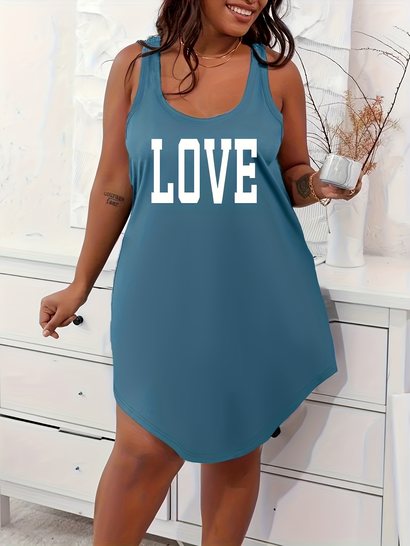 Women's Plus Casual Lounge Dress, Plus Size Letter Graphic Scoop Neck Racer Back Tank Home Wear Dress