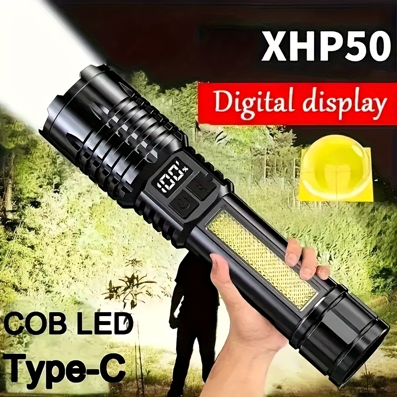   led flashlight rechargeable   durable   with cob led type c charging for camping hiking running fishing emergency use camping accessories