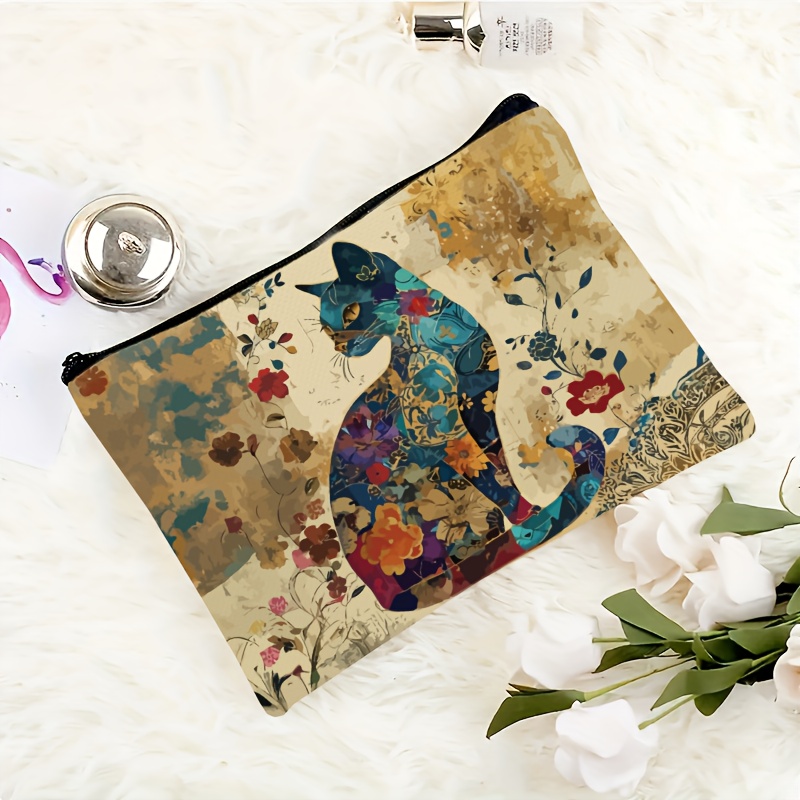 TEMU 1pc Cute Kitten & Vibrant Floral Makeup Bag With Kitten & Flower Patterns - Lightweight Travel Cosmetic, Durable Zipper Closure Suitable For,,