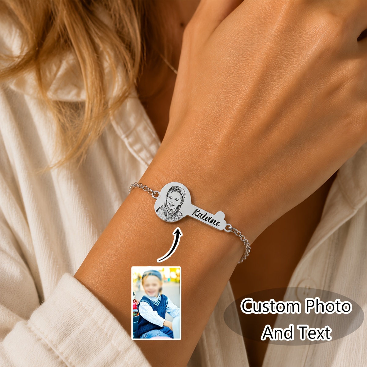 Custom Photo Key Shape Bracelet, Engraved Stainless Steel