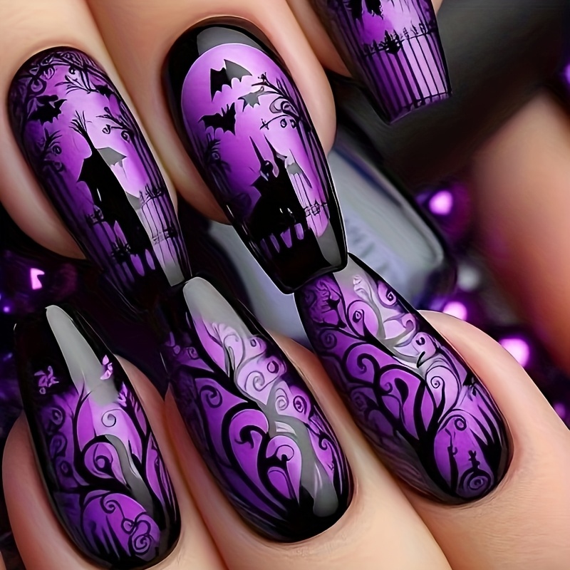 Halloween Ballet-style Purple Glow Elegant Castle Halloween Wearable Nails Detachable Manicure 24pcs