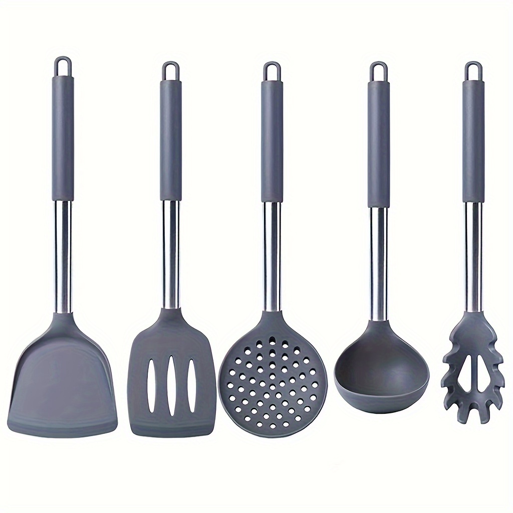 5pcs Stainless Steel Handle Silicone Kitchen Utensil Set, Tools, Heat-resistant Cookware, Kitchen Gadgets