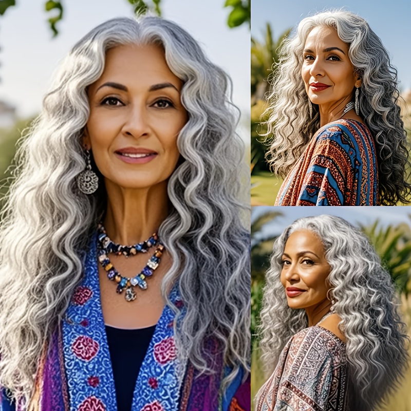 TEMU 24 Inch Curly Wig Long Synthetic Wigs For Women Grey Deep Wave Synthetic Curly Wig Easy To Manage No Glue Required Suitable For Casual Attire,