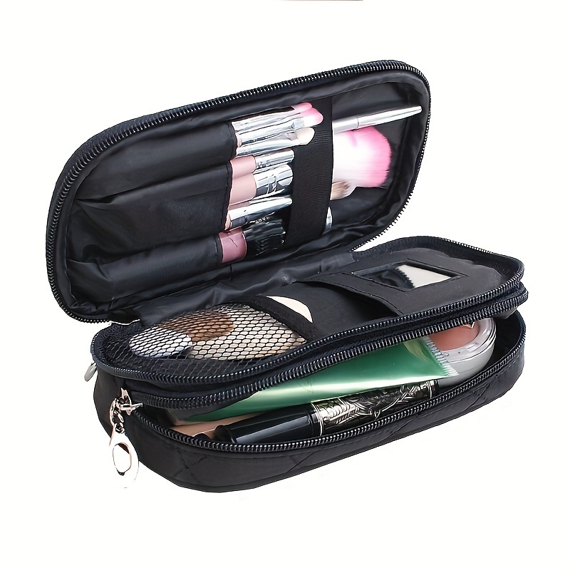 

Portable Mini Makeup Bag, Dual-layer Black Cosmetic Storage With Mirror, Compact Travel Organizer Case, Brush Holder