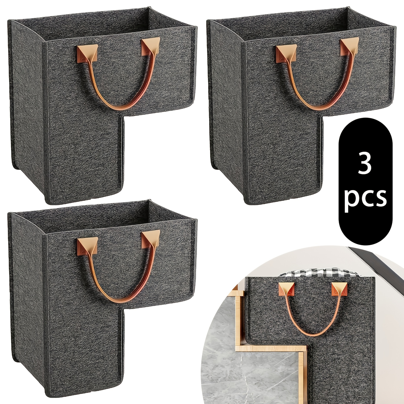 3pcs Large Felt Stair Basket with   Leather Handles - Suitable for Carpet and Wooden Stairs, Multifunctional Storage Solution, Compatible with 40.64 cm, Foldable Design with Viewing Window, Shelf Basket, Laundry Baskets