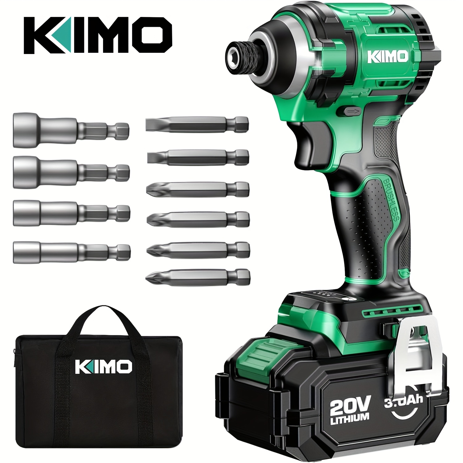 KIMO Impact Driver Set with 6 Bits, 4 Sockets, 20V 3.0Ah Battery, 200N·m 3600 RPM High Speed, 4 Modes, 3800 BPM Powerful Impact, Electric Impact Driver with Stepless Variable Speed, Forward/Reverse Direction, LED Light, 1.2kg Lightweight