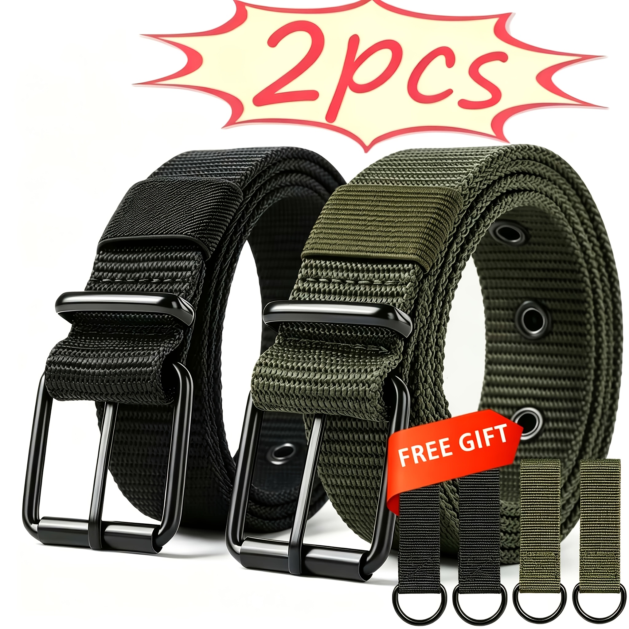 TEMU Men's Nylon Work Belt 2-pack + 4 Keychains, Matte Black Metal Pin Buckle, Adjustable Multi-hole Belt, Breathable Tear-resistant Webbing, Durable