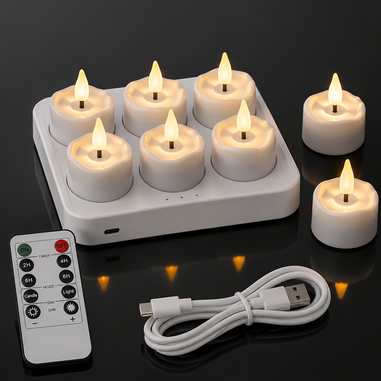 item picture 12 8 6 4pcs rechargeable usb powered flameless votive candles with remote timer realistic flickering flame tea lights suitable for tabletop for for party for christmas for halloween decorations plug and play
