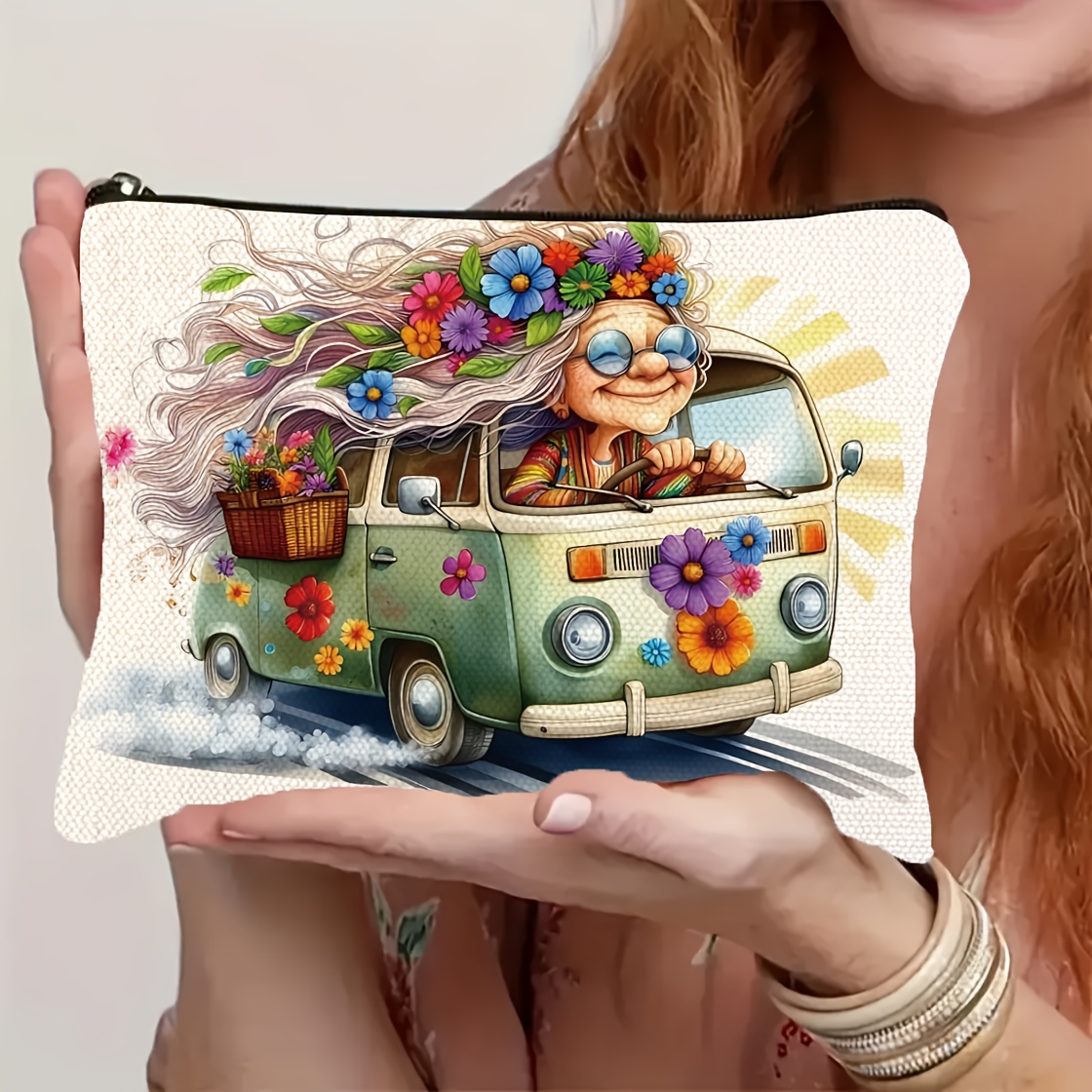 Image of Fashionable Retro Hippie Style Makeup Bag | Grandma-style Printed Storage Bag | Reusable Travel Portable Pouch | Women' Small Item Organizer