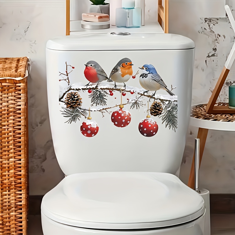 TEMU 1pc Christmas Winter Branch Bird And Decorative Toilet Sticker, Robin On Snowy Branch Decal, Self-adhesive Holiday Decor For Bedroom, Living