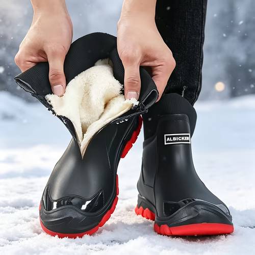 item picture winter fleece boots warm lining anti slip sole lightweight and comfortable unisex outdoor snow boots and rain boots suitable for hiking camping and muddy snowy and rainy terrain durable pvc easy to clean couple style