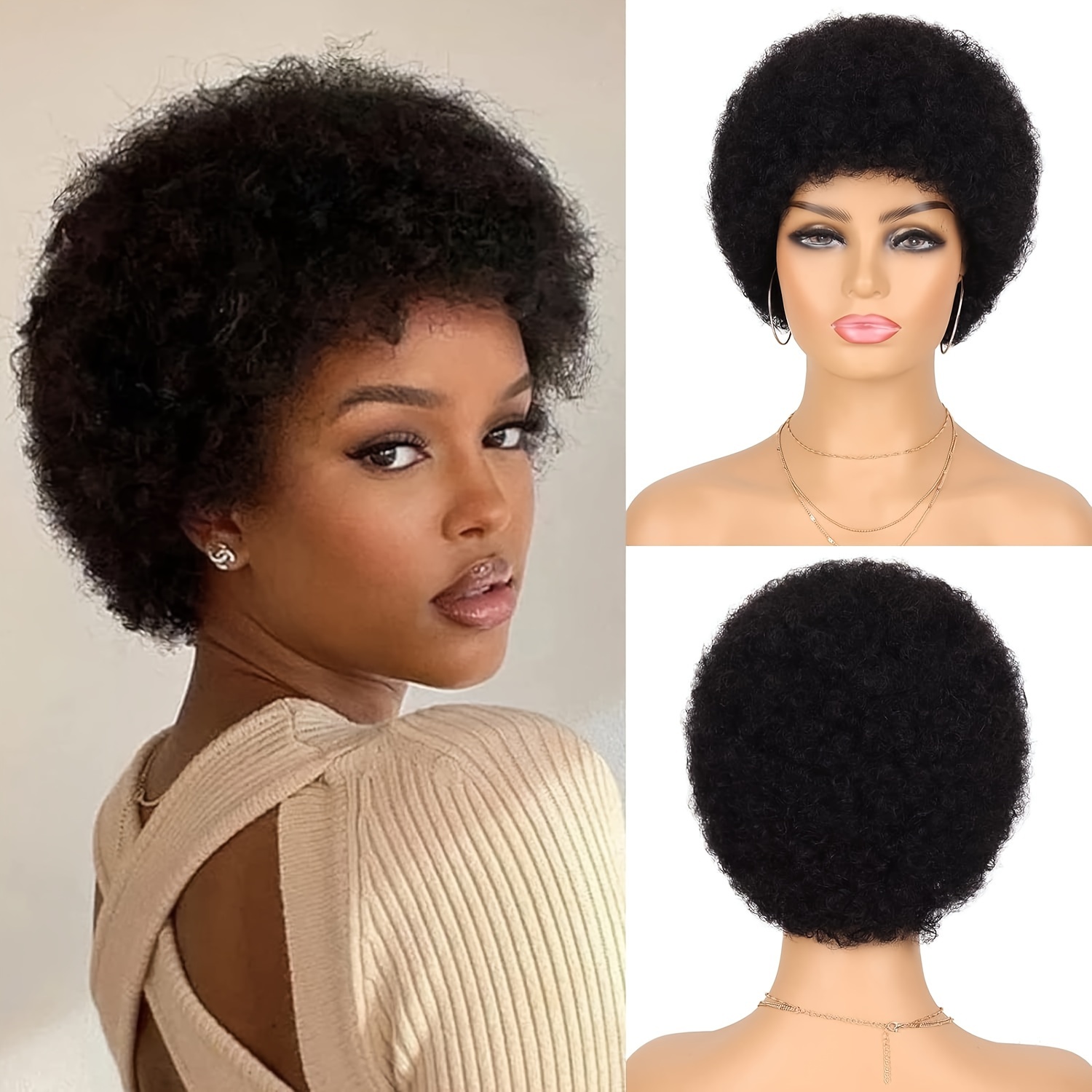 TEMU Short Human Hair Afro Wigs For Women Glueless Wig 70s Afro Fluffy Puff Wigs For Daily Party Use