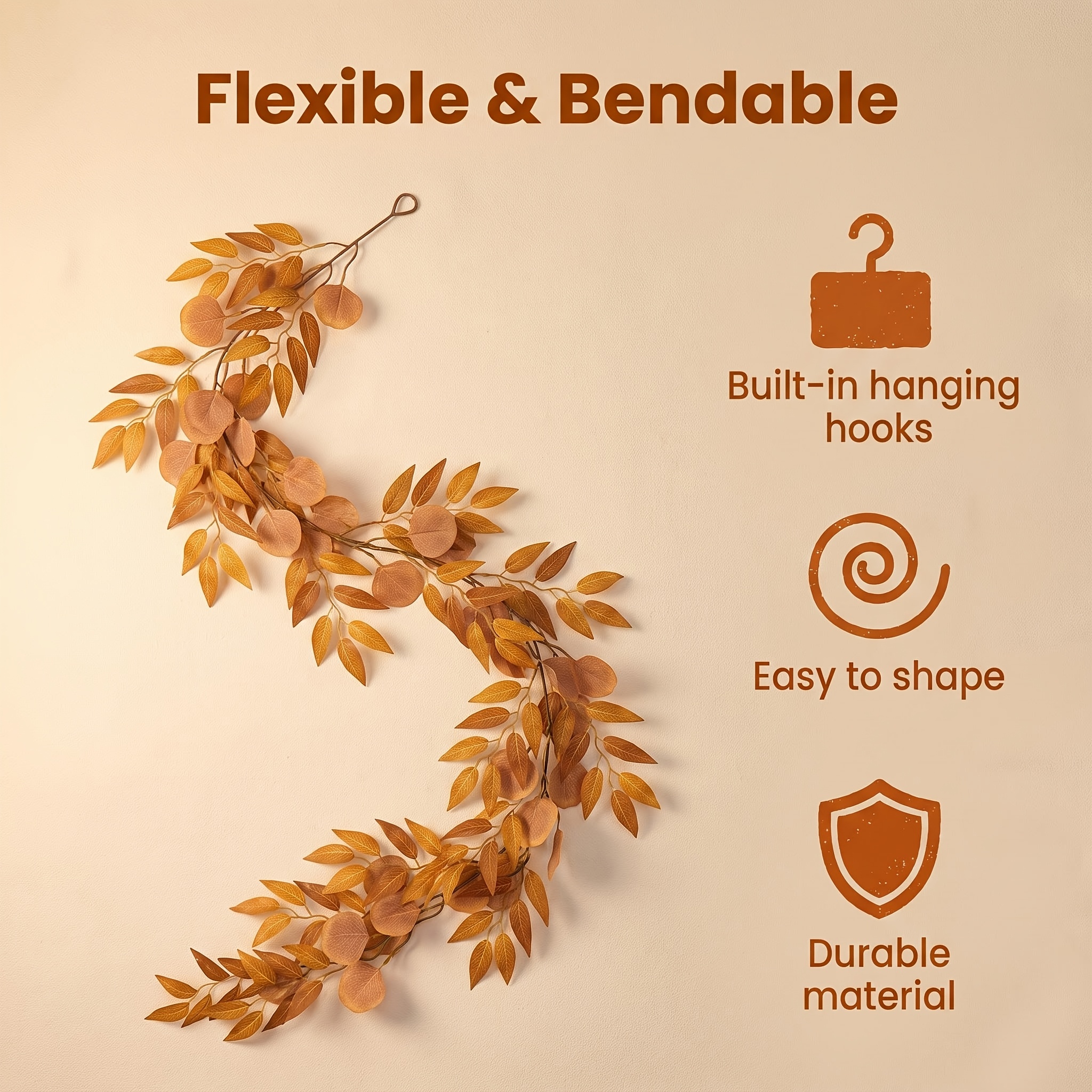 TEMU 74.8" Gradient Orange-yellow Artificial Autumn Leaf Garland With Hooks - Realistic Fall Foliage Vine Suitable For Home, Wedding, Thanksgiving &