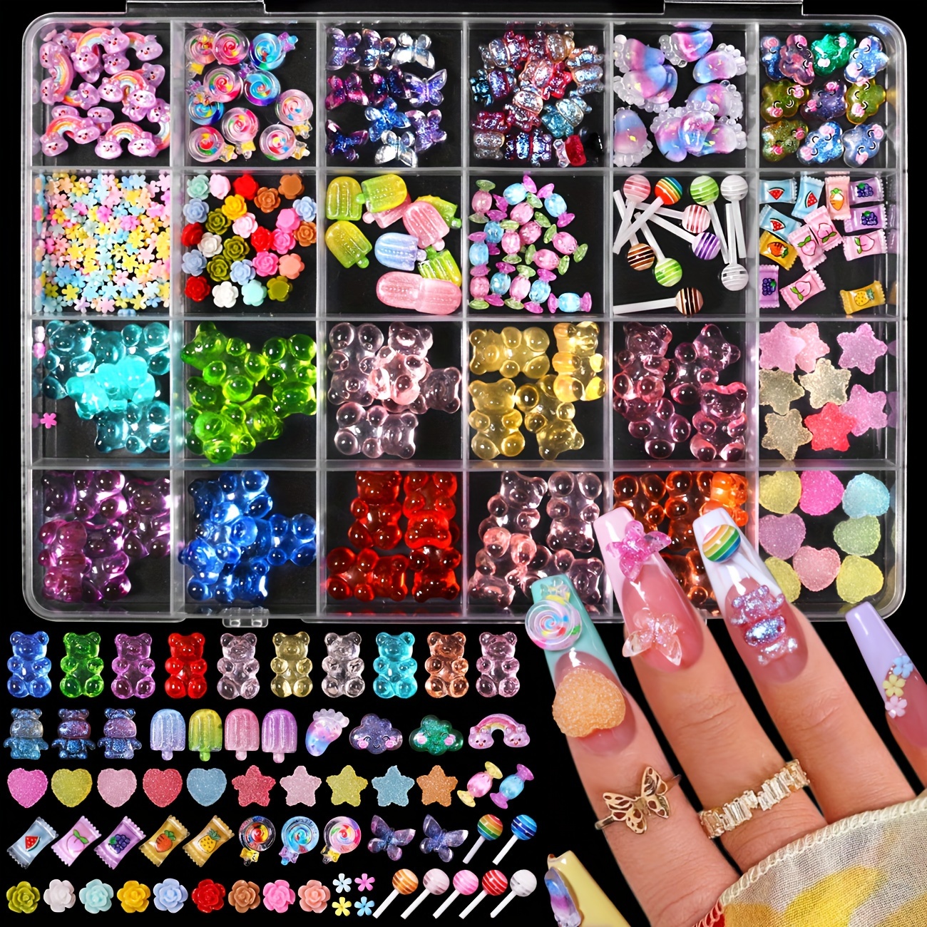 

Major Dijit 24-slot Nail Art Charms Set - Cute Cartoon Bear & Candy Designs, Alcohol-free Resin Decorations For Diy Manicures Nail Charms And Accessories Nail Art Accessories
