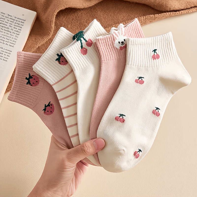 5-pair Women's Ankle Socks, Featuring Cute Pink Cherry, Strawberry, And Bunny Patterns, Designed For , , And A Style, Suitable For