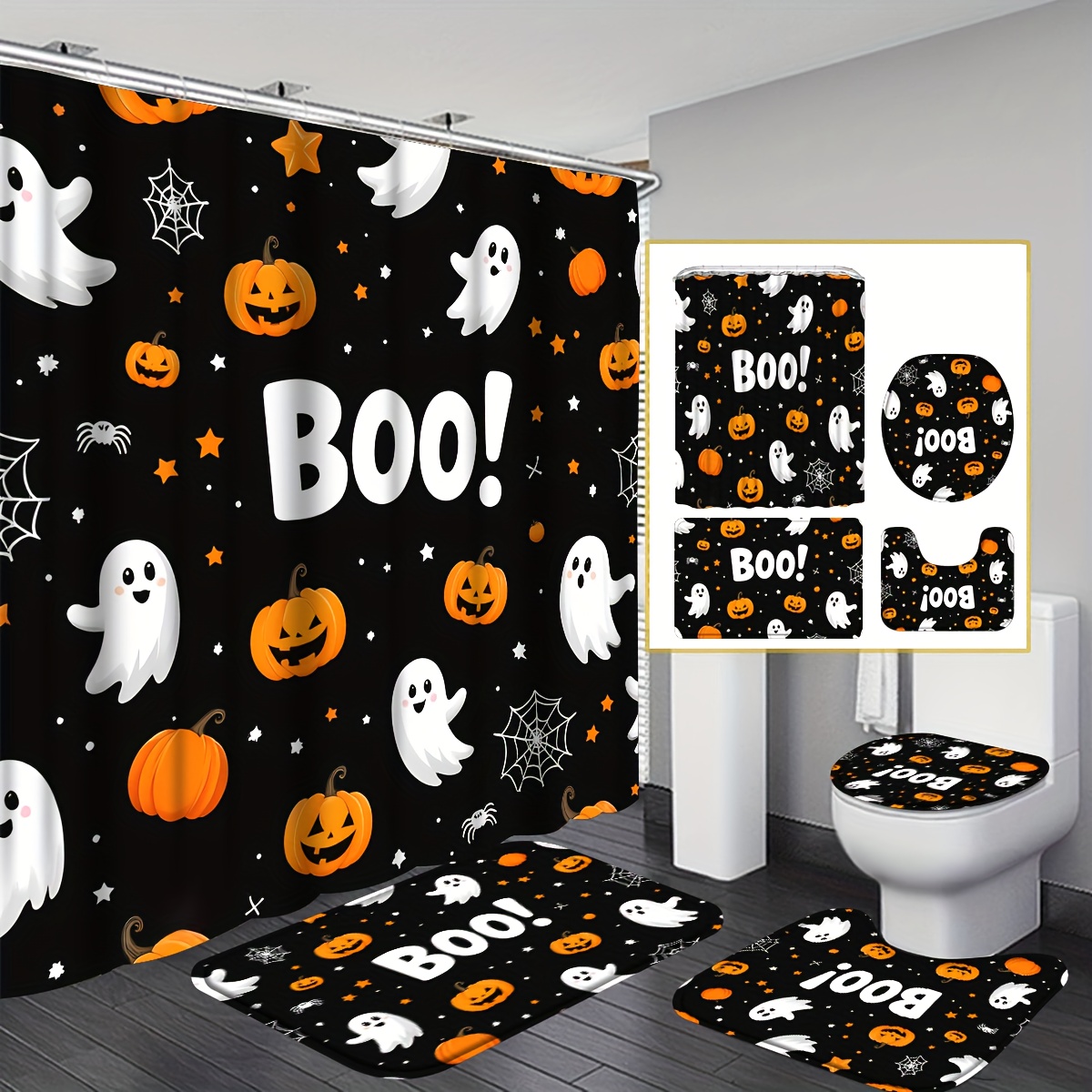 TEMU 4pcs Halloween Boo Pumpkin Lantern Shower Curtain Set, Halloween Decor Bathroom Curtain Set With 12 Hooks Included Non-slip Bathroom, Toilet