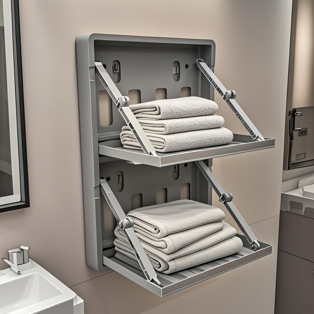 No-Drill Adhesive Wall-Mounted Double-Layer Folding Shelf - Reinforced Thickened Plastic Bathroom Organizer with 2-Tier Shelves for Towels, Toiletries - Space-Saving Storage for Bathroom & Toilet Walls, Toiletry Organization, Minimalist Design, Sturdy Construction, Compact Design, Durable Material, Compact Spaces, Utility Racks