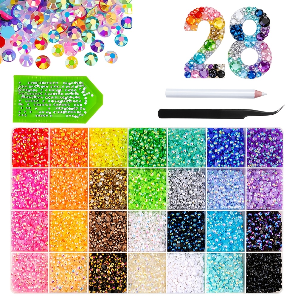 28 farver glitrende sæt med rhinestones, livlige resin  , 3mm flatback jewels   sæt med pincet,   til neglekunst og håndarbejde af tøj