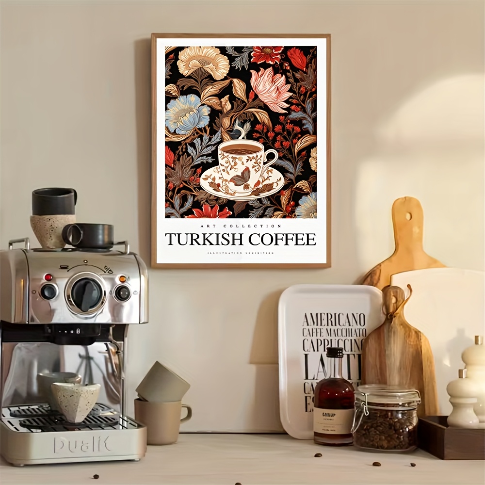 E-shop 1 Stück Ungegerbtes Türkisches Kaffeeart-Auftragsbild - Vintage-Florale Botanische Plakatwerbung mit Tasse Kaffee, Ohne Rahmen, Für Café, Küche