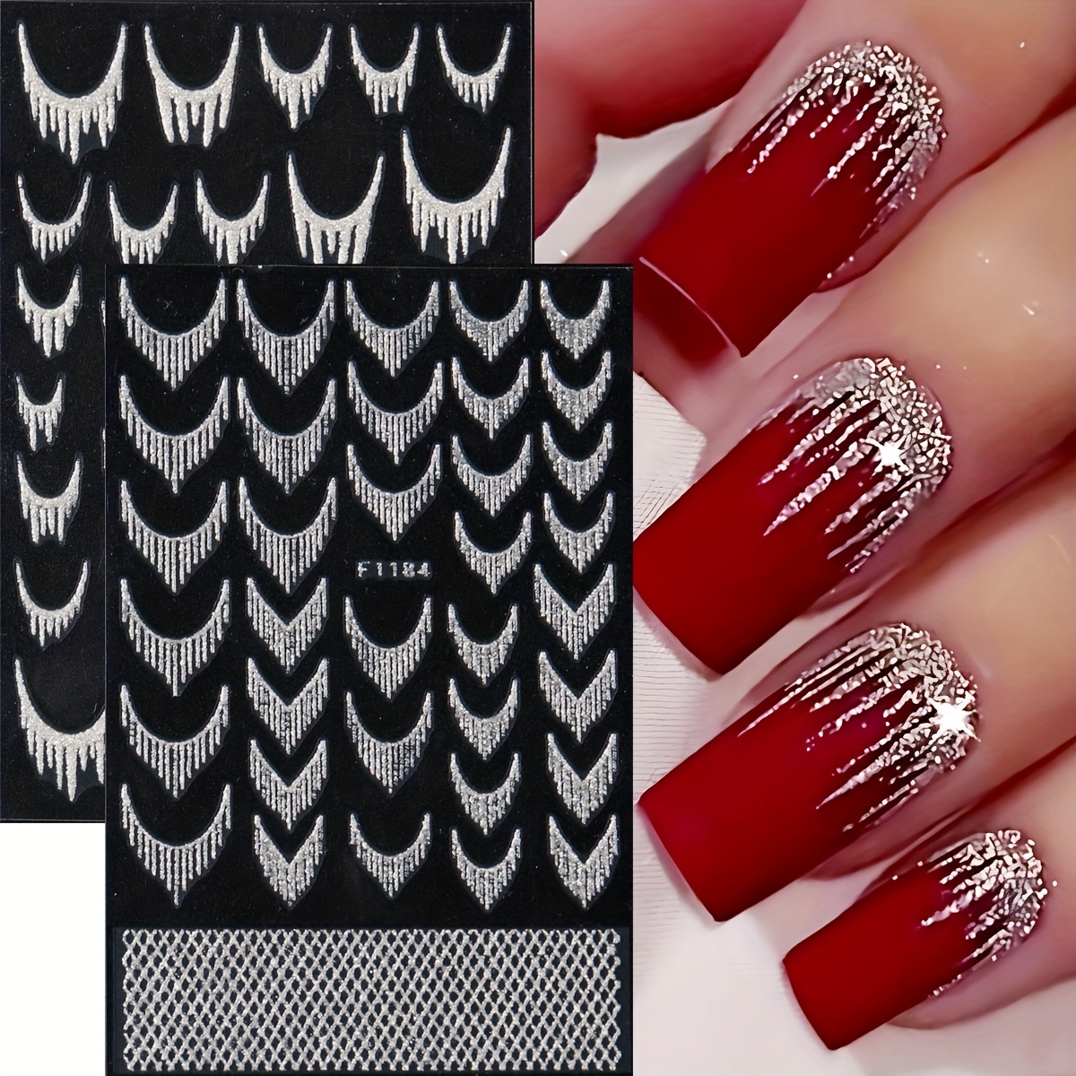 Image of Set Of 2 Glittery Silvery Tassel Nail Art Stickers With Shiny Curved Lattice Design, Perfect For Luxurious Wedding Nail Charms And Decorations