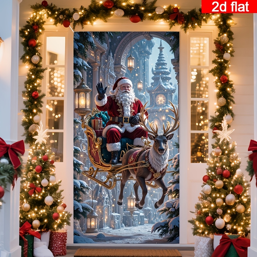 TEMU 2d Flat, 2d Flat - 2d Flat, 2d Flat - 2d Flat Banner, 1pc Christmas Door Cover, Festive Santa Sleigh Journey, Golden Reindeer, Luxurious Holiday