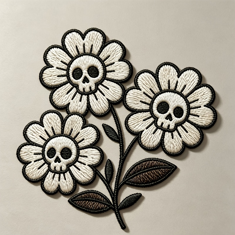 TEMU 1pc Patch Brodé Marguerite à Sertir à Coudre Badge Applique Punk Squelette Motif Floral Brodé pour Vêtements Veste Jeans Sac à Dos Décoration
