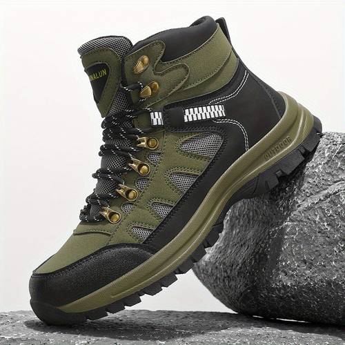mens high hiking boots comfortable durable with non slip pvc sole lace up closure green black pattern for wear