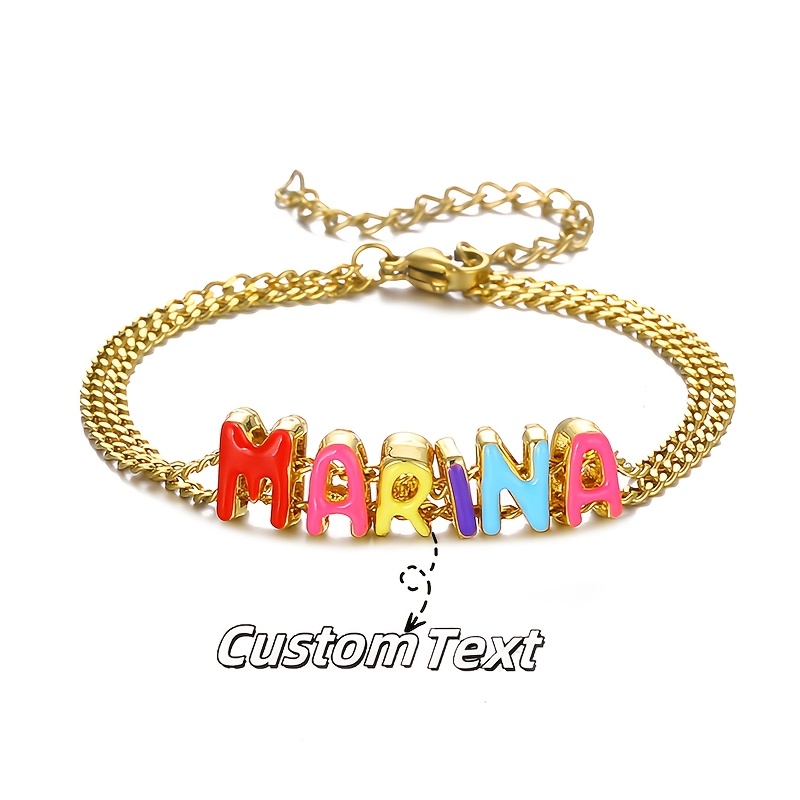 TEMU Custom Bubble Letter Name Bracelet, Personalized Stainless Steel Double-layer Chain Bracelet With 26 Bubble Letter Designs, Handmade Bracelet,