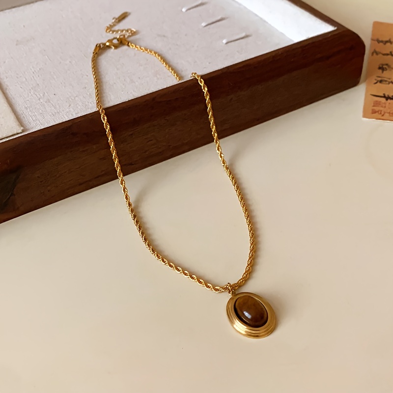 vintage elegant stainless steel tigers eye pendant necklace 18k golden plated no mosaic for daily and party wear womens jewelry details 2
