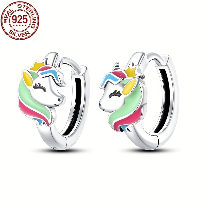 

100% S925 Pure Silvery Rainbow -color Pony Earrings Suitable For Original 3mm Bracelet And Bracelet Diy Beads Suitable For Women's Birthday Exquisite Jewelry Gift Silvery Weight 4g