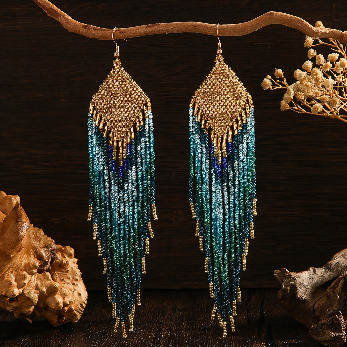 E-shop Handgefertigte Perlenohrringe, Bohemian Style Ohrringe, Vintage Style Goldene Reisperlen Gewebte mit Blau-Grünen Reisperlen Quasten