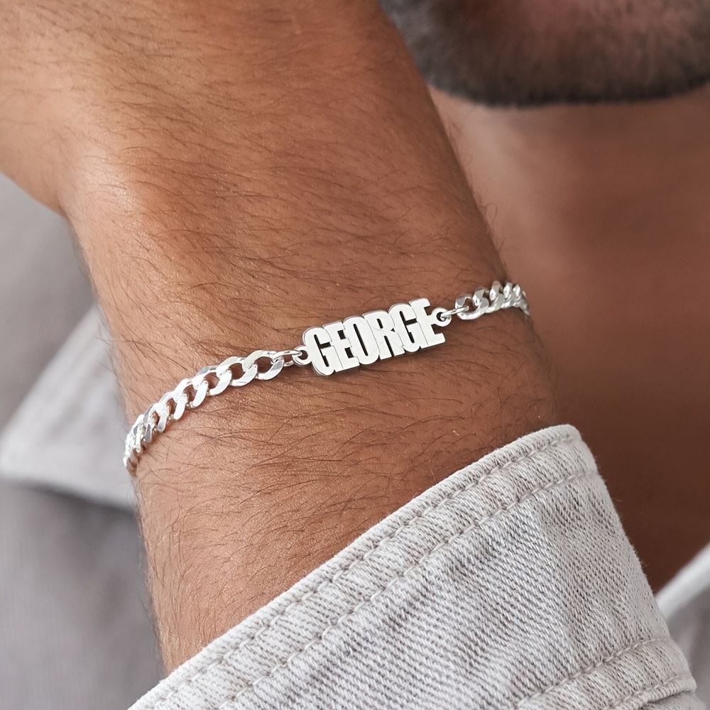 TEMU Men's Personalized Fashion Bracelet, 18k Gold Plated Golden-plated 304 Stainless Steel, Customizable With English Name, Minimalist Style,
