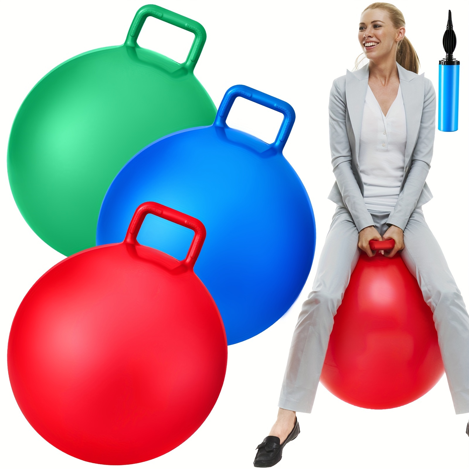 

3 Pcs 29 Inch Bouncing Ball With Handle, Outdoors Ball Jumping Hopping Ball, Exercise Ball And Air Pump For Games Exercise (29 Inch, Red, Blue, Green)