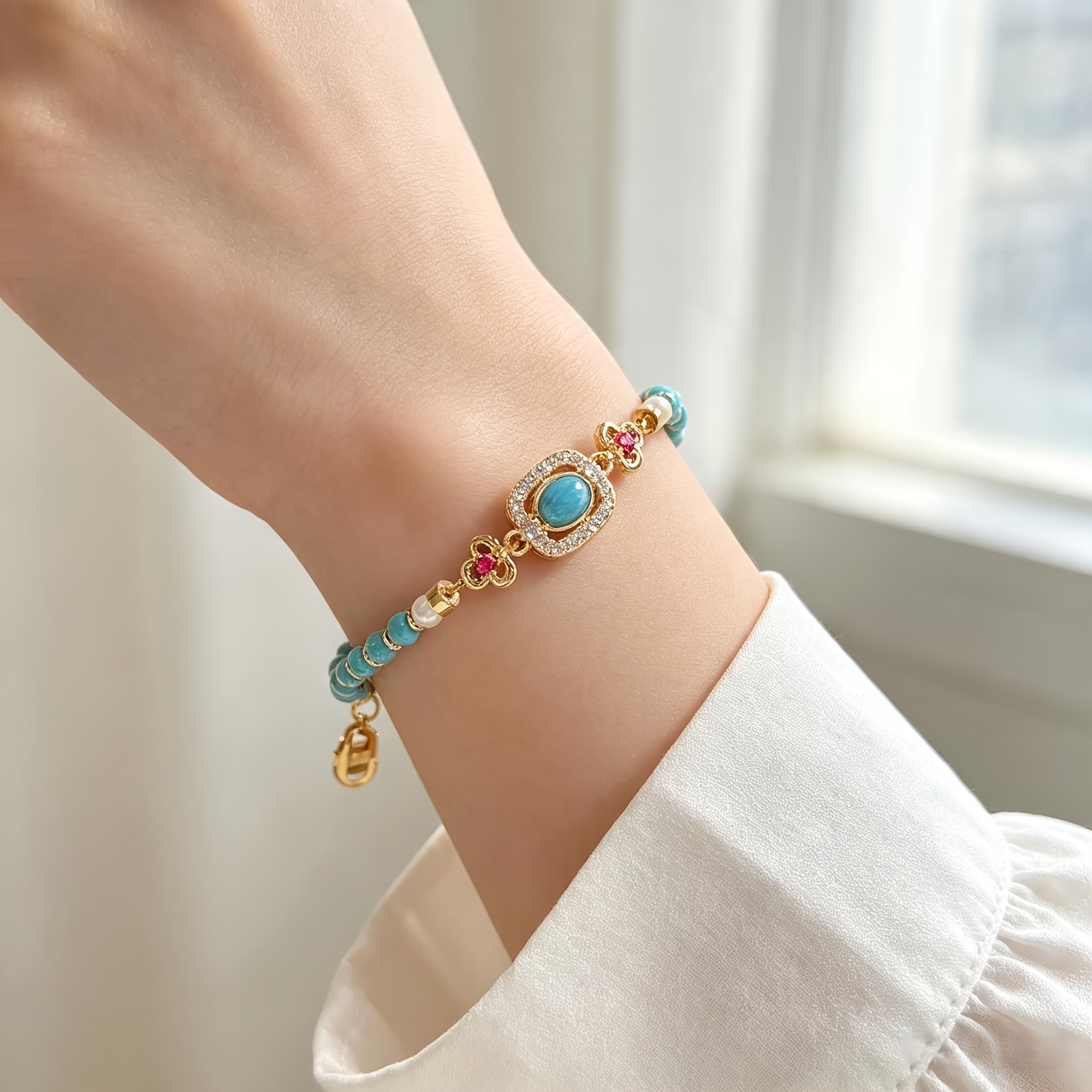 TEMU 1pc Vintage Green And Golden Women's Bracelet With Beads, Fits The Wrist And Brightens The Skin, Your Hand. Adjustable Chain To Fit Different