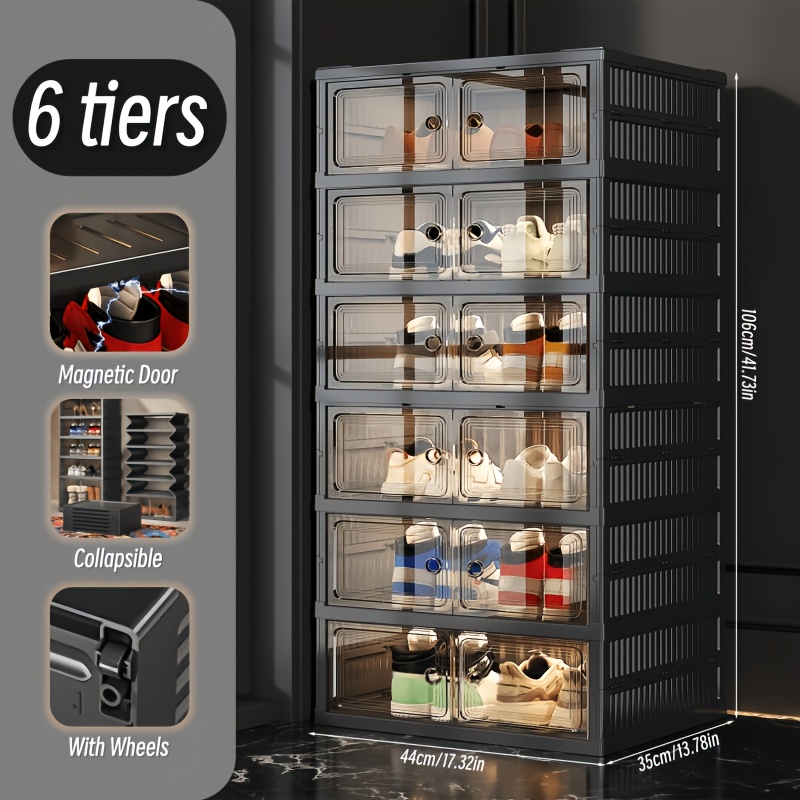 TEMU Meuble à chaussures pliable à 3/6/9 niveaux, armoire à chaussures pliante, étagère à chaussures en plastique installation avec porte magnétique