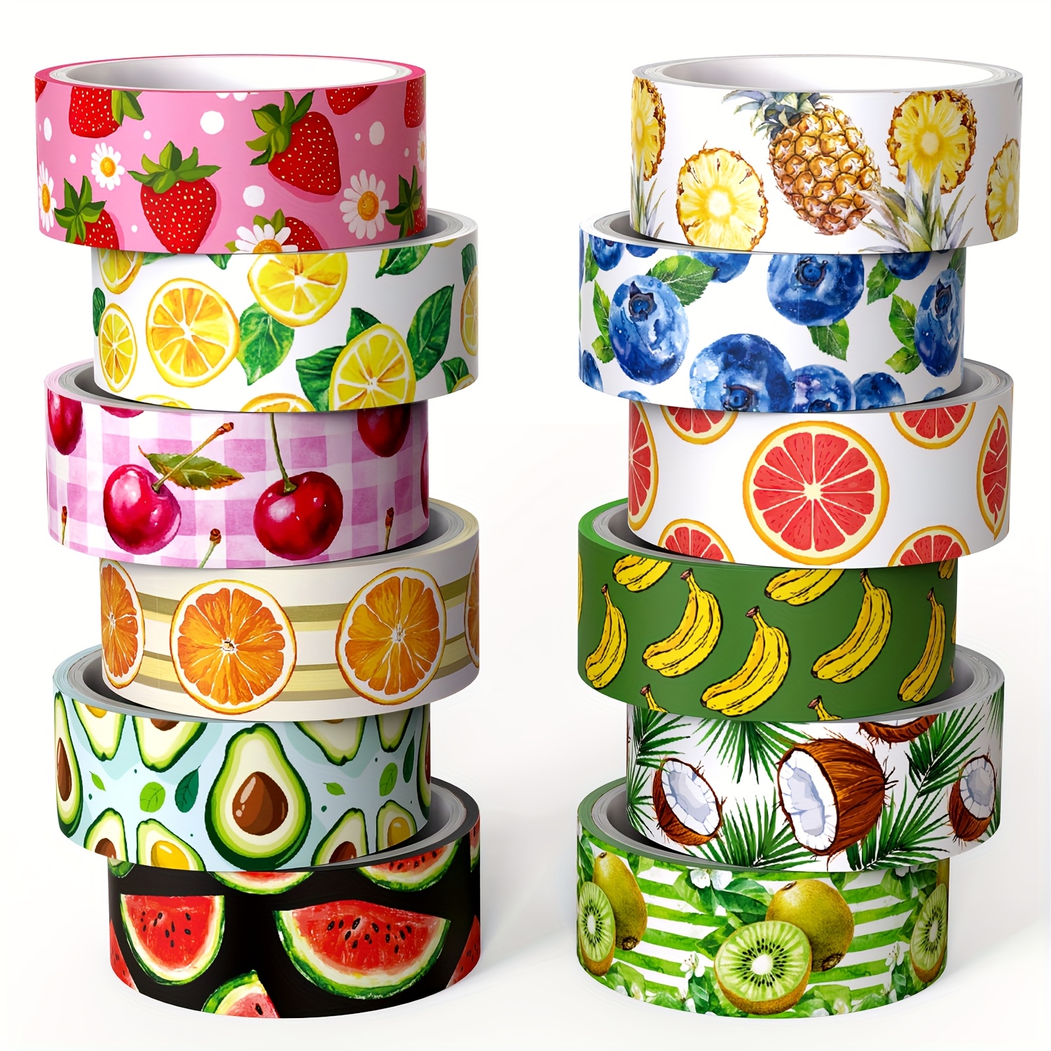 Image of A Cute Fruit-themed Washi Tape Set Featuring 12 Rolls Of Decorative Tape With Designs Like Watermelon, Banana, And Strawberry, Perfect For Parties, Scrapbooking, Crafts, And Gift Wrapping