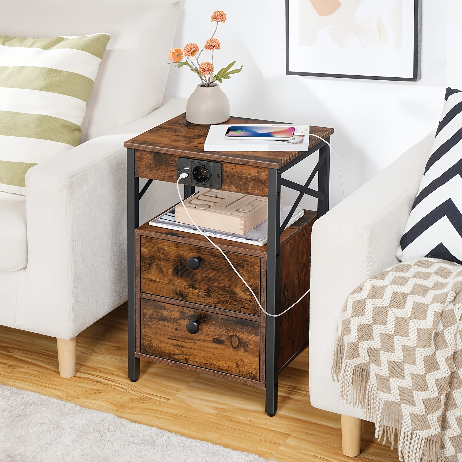 Image of Bedside Table With Charging Station, Side Table With 2 Folding Drawers, Bedside Table With Usb Port And Socket, Suitable For Living Room And Bedroom, Black Color