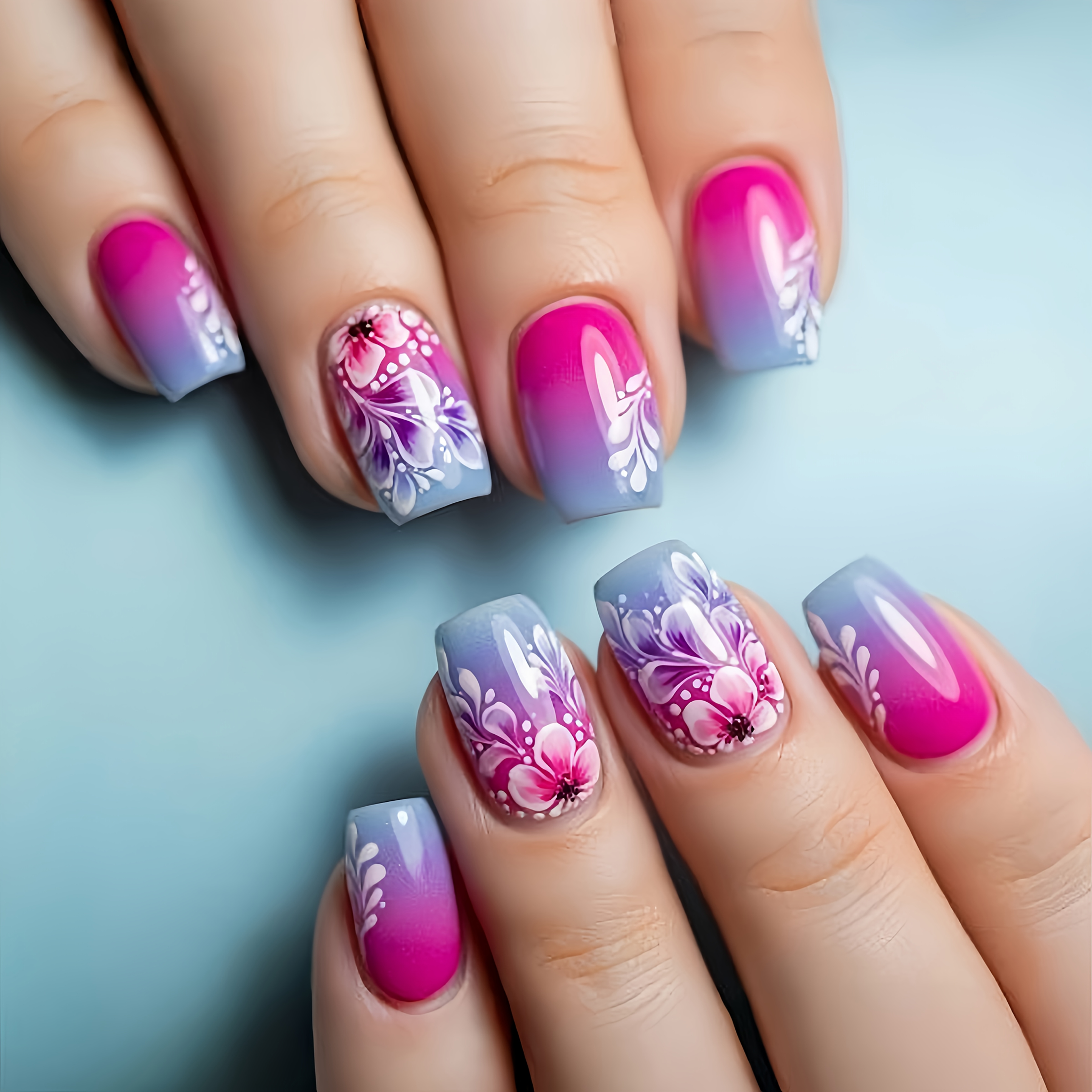 E-shop Mittelgroße, quadratische blaue und pinke Nagelsticker mit einem trendigen floralen Farbverlauf-Design für Frühling und Sommer. Dieses Set