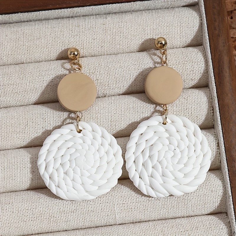 Image of A Pair Of Women's Stylish Drop Earrings Featuring Vintage Bohemian Handcrafted Woven Soft Clay Round Pendants, Perfect For Daily Casual Wear, Vacations, And As Holiday Gifts